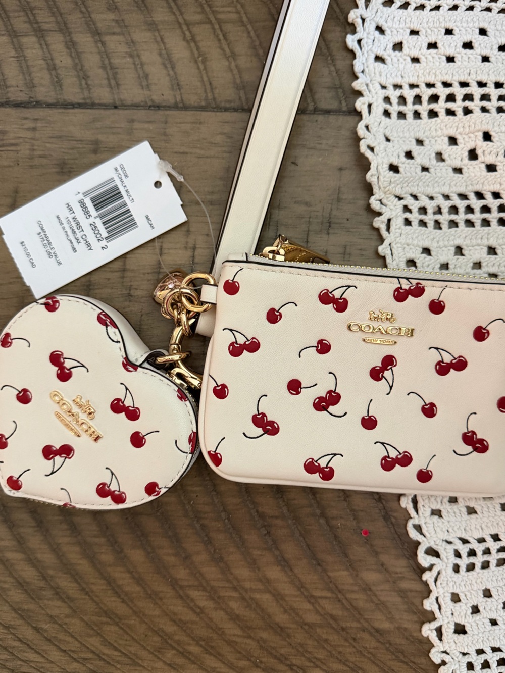 Coach Cream Cherry Print Wristlet with Heart Coin Pouch